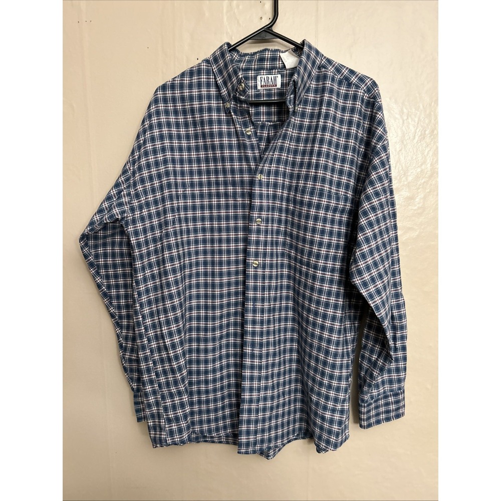 Vintage Farah Mens Large Blue Green Small Plaid Button Down‎ Collar Shirt